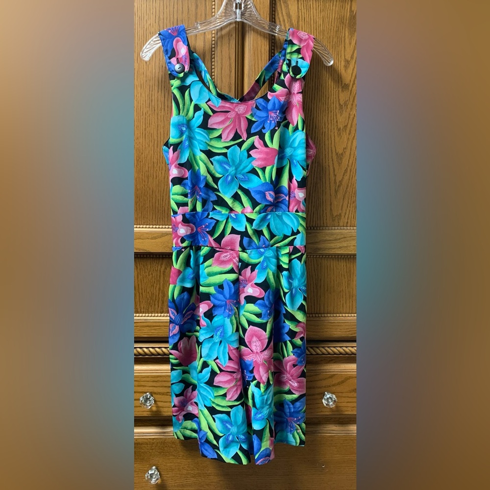 Vintage Kathy Lee Tropical Print Overall Romper Shorts Green Blue Pink Size 10